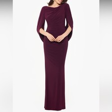 Betsy  Adam Wine Miriam Long Jersey Draped Cape Back Floor Length Gown -Reemoly