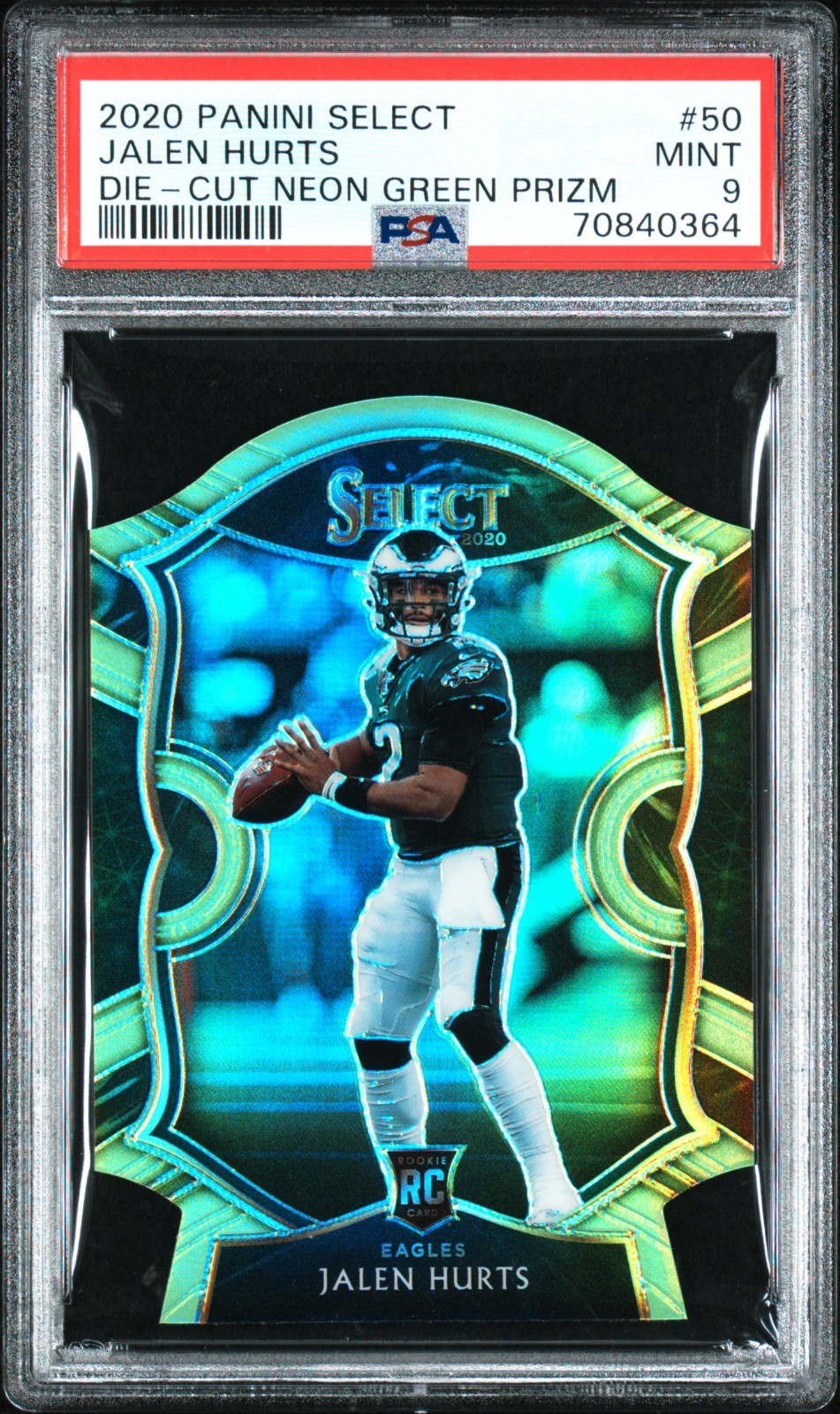 2020 PANINI SELECT #50 JALEN HURTS DIE-CUT NEON GREEN PRIZM ROOKIE PSA 9 MINT