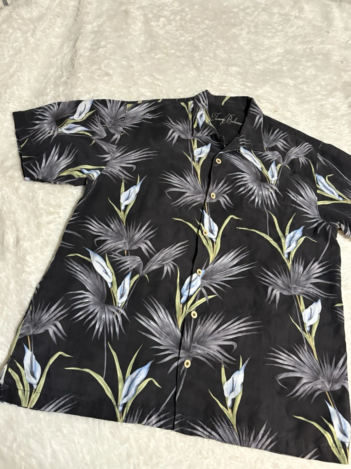 TOMMY BAHAMA Men’s L Silk Black Liries Print Button Down Hawaiian Shirt