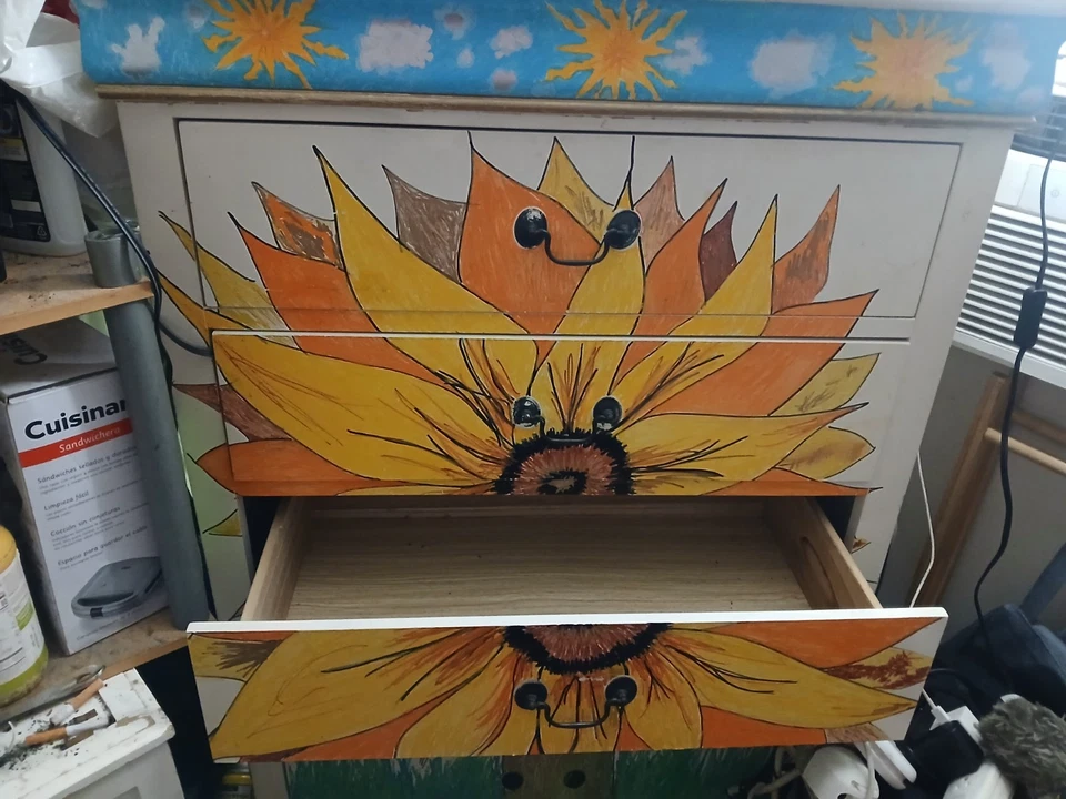 5 Drawer Chest Hand Painted by Euphoric Empire - "Day & Night Sunflower" - Image 3 of 4