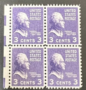 US Block of 4 1938 Thomas Jefferson Prexie Series MNH Scott 807 3c 