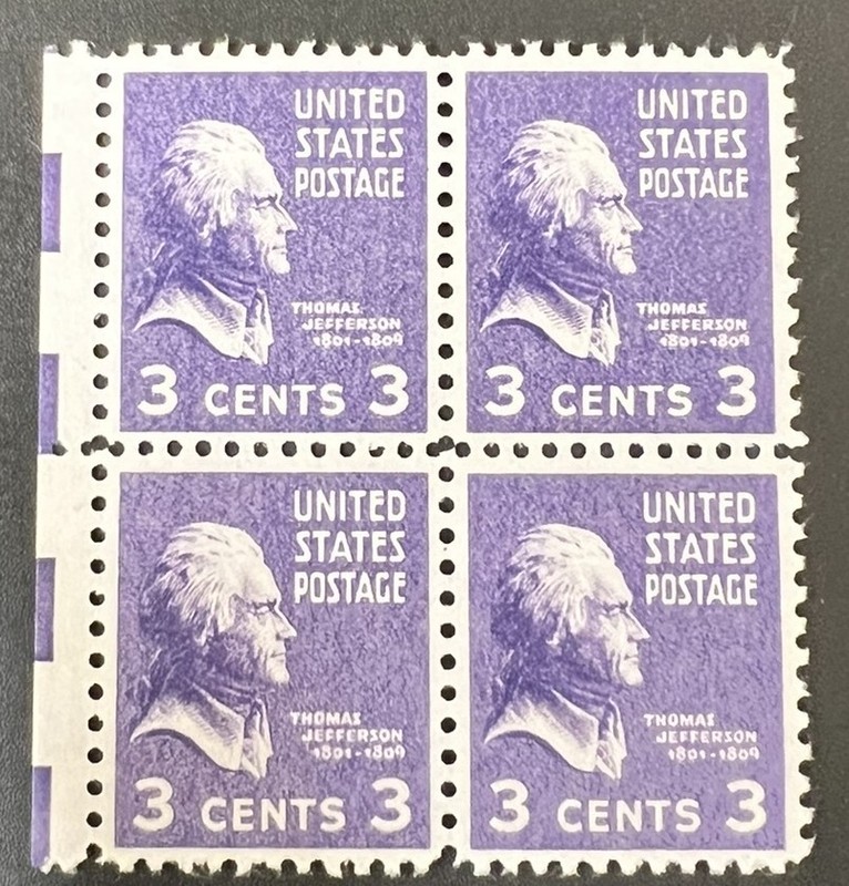 US Block of 4 1938 Thomas Jefferson Prexie Series MNH Scott 807 3c 