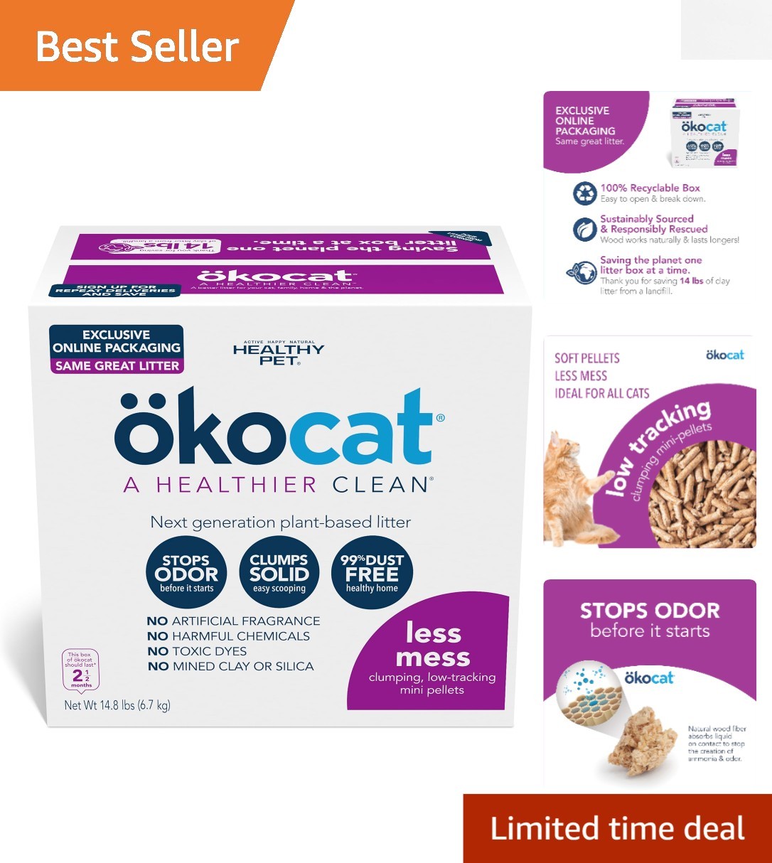 Sustainable Low Dust Wood Cat Litter – Perfect for Long-Haired Breeds, 14.8 lbs