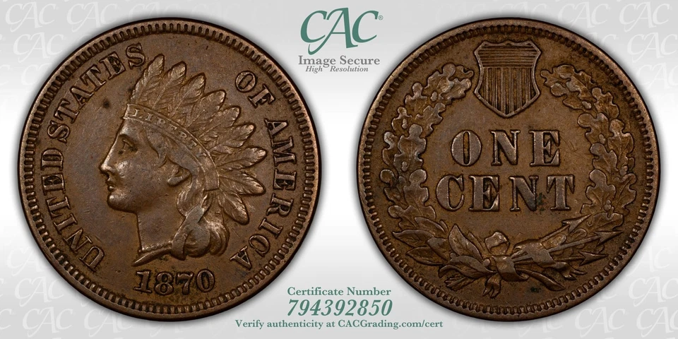 1870 Small Cents Indian Head Penny CACG XF 45 BN CAC - Image 3 of 3