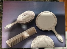 Vintage Silver Plated Vanity Set Three Piece Mirror Brush Comb. NEVER OPENED