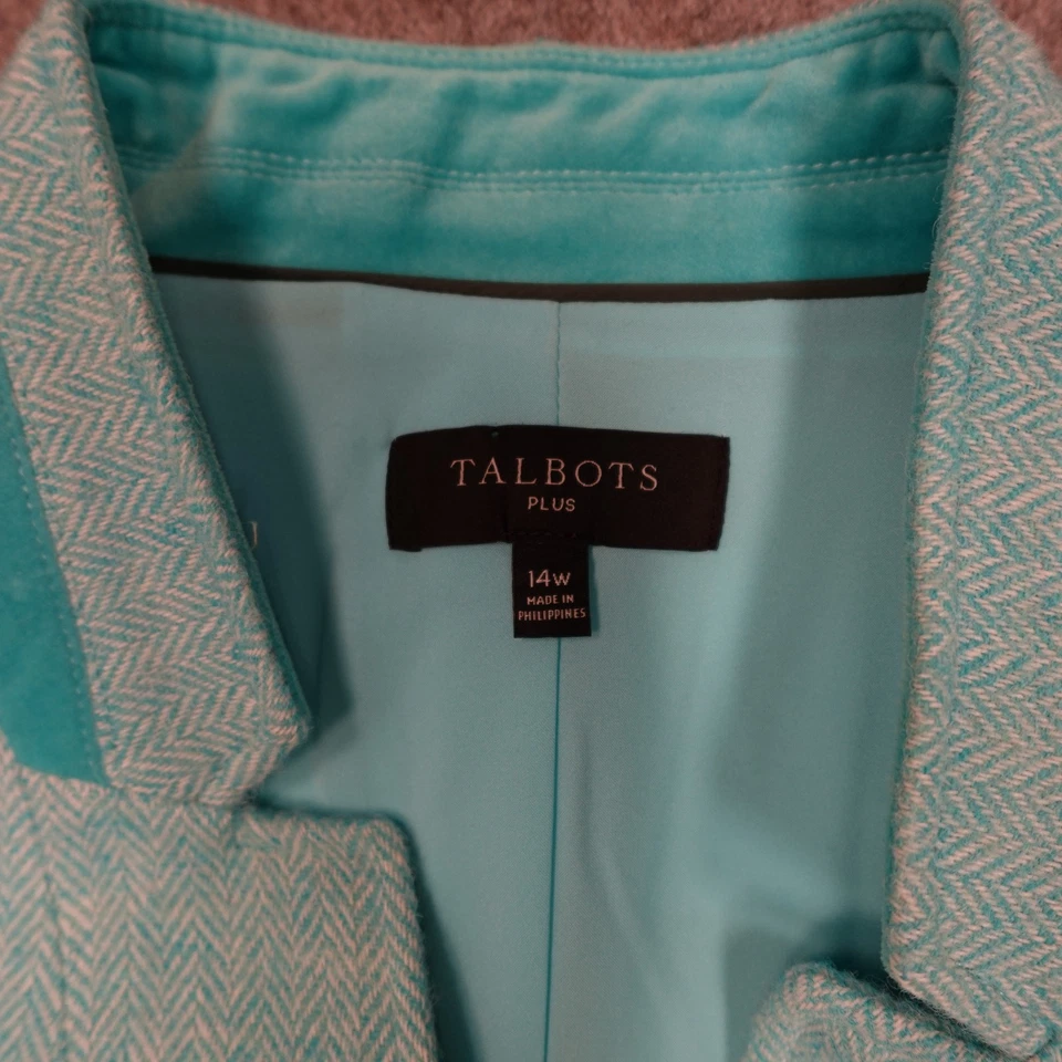 Talbots Blazer Womens 14W Wool Herringbone 2 Button Embossed Gold Blue Classic - Image 2 of 4