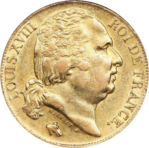 Frankreich: Louis XVIII Gold 20 Francs 1818-A, Paris Mint, NGC AU-55, KM712.1!