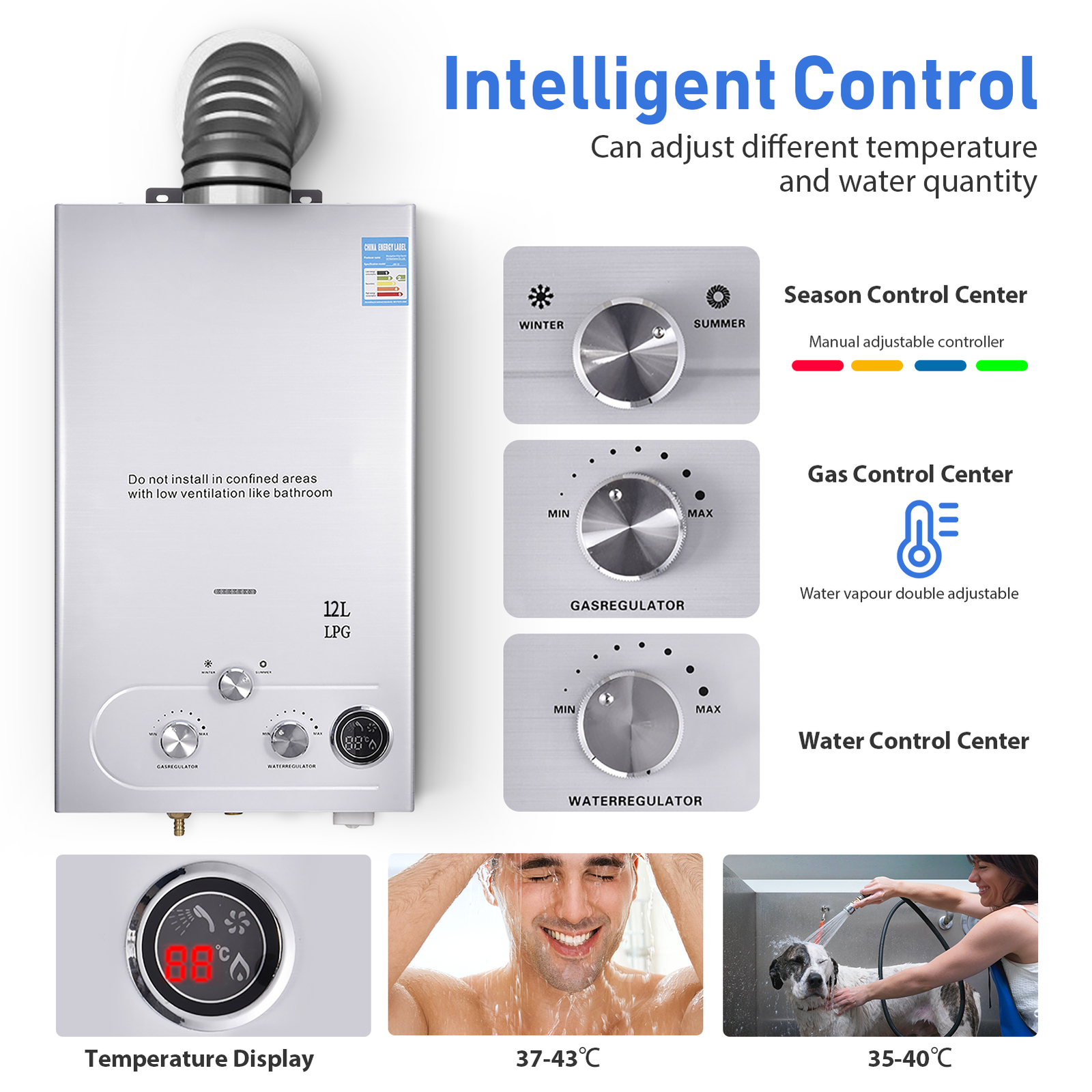 12L Propane Gas Hot Water Heater LPG Instant Heating Tankless Shower