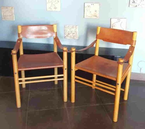 Coppia di sedie di design IBISCO anni 70 in legno e cuoio