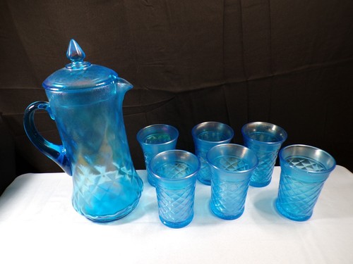 Northwood Celeste blau irisierend Stretch Glas konkav Diamanten Wasser Set INV2 - Bild 20 von 20
