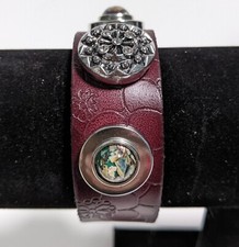 Bracelet Etched Brown Leather BoHo Three Snaps Double Closure