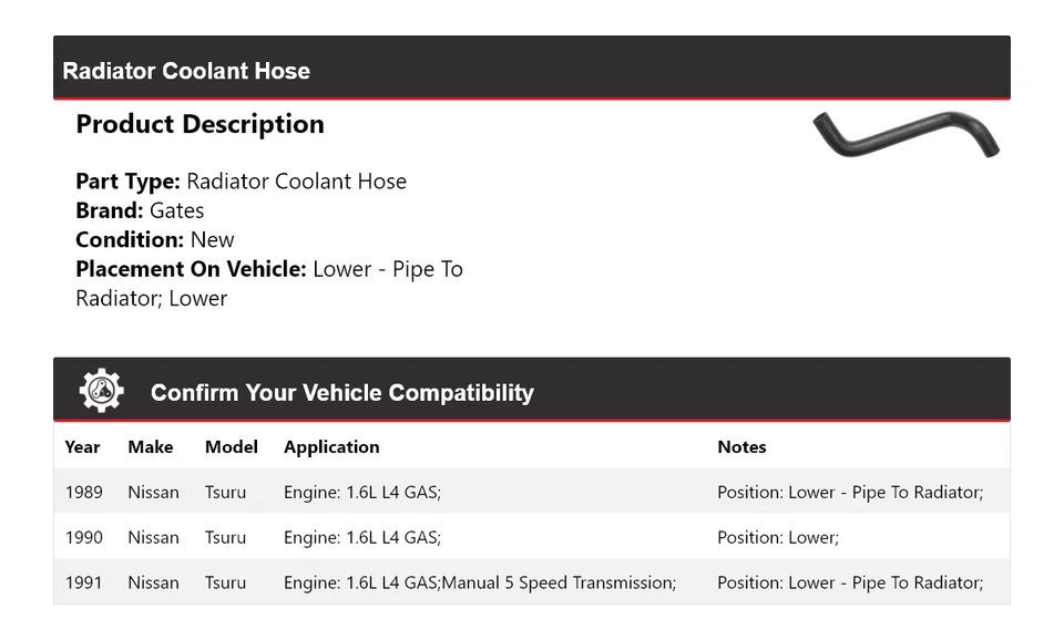 For 1989-1991 Nissan Tsuru 1.6L L4 GAS Radiator Coolant Hose Gates 1990 - Image 2 of 4