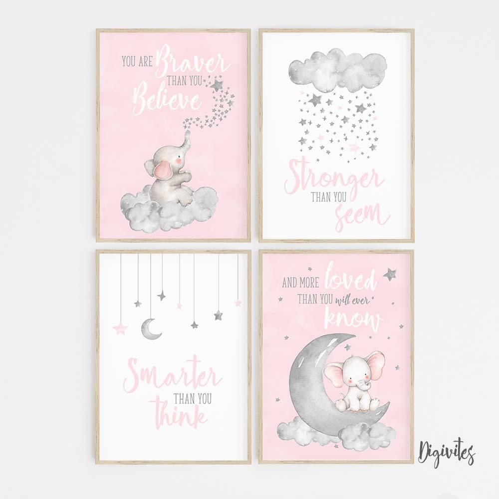 Baby Girl Nursery Wall Art Decor Elephant, moon clouds