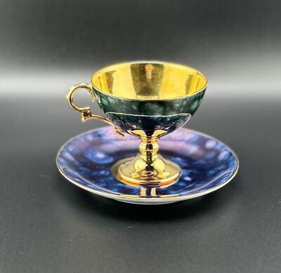 Porcelain d Arte Footed Cup & Saucer Set - Green Iridescent w Gold Trim, Signed
