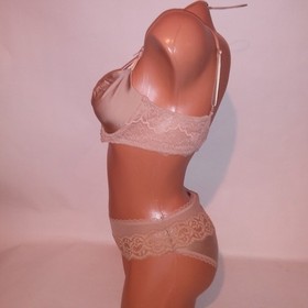 Victoria Secret Bra Set 36C Push Up Without Padding Medium Panty Beige Solid New