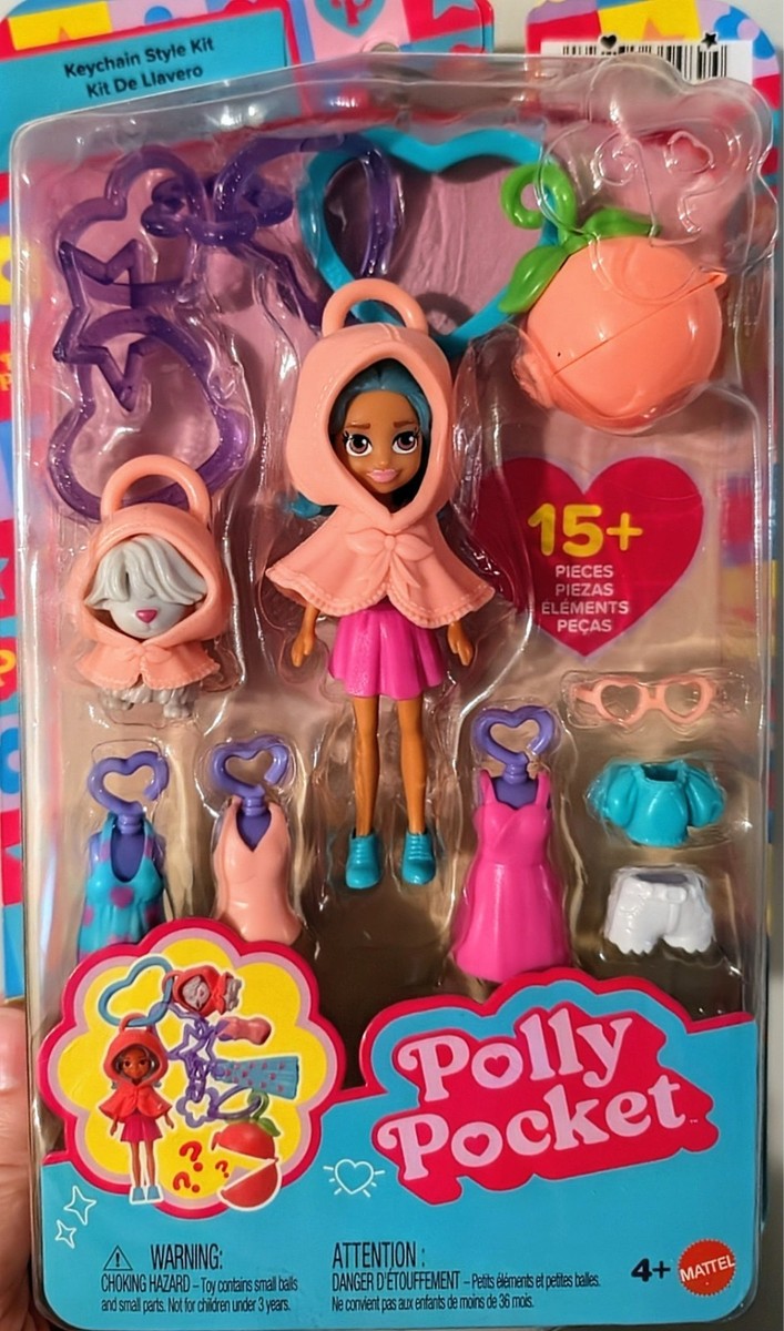 Polly Pocket Hoodie Doll & Pet Keychain Fruit Bag Clip Kit Peach