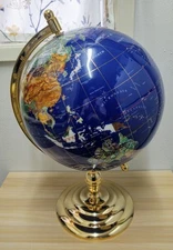 Lapis 21" Inlaid Semi Precious Gemstones World Globe With Polished Brass Stand