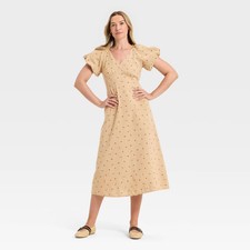 Women's Puff Short Sleeve Midi Sundress - Universal Thread Tan Floral M