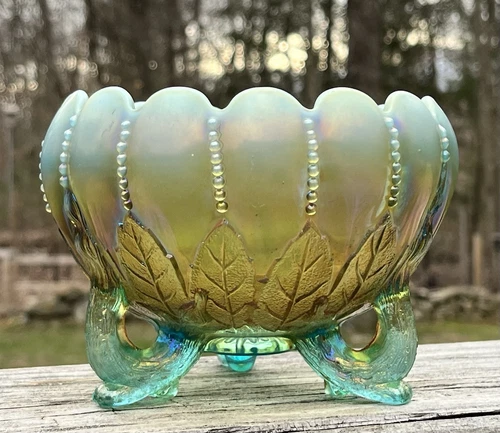 Very Pretty Northwood Aqua Opalescent Carnival Glass Leaf and Bead Rose Bowl