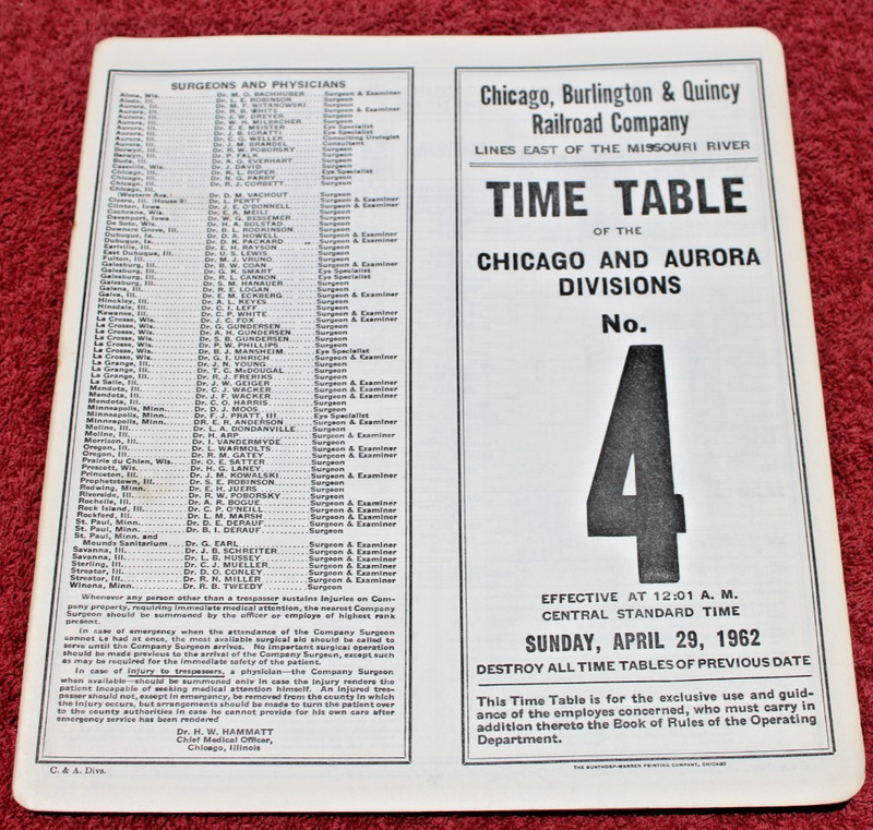 1962 Chicago Burlington & Quincy Railroad Timetable #4 C&A Division CB&Q Railway