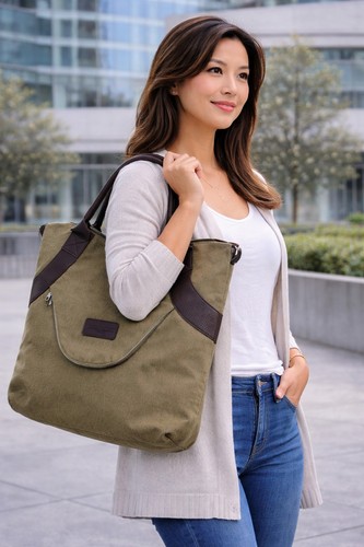 Threaded Pear Canvas Tote Bag Khaki Brown Leather Trim LG Shoulder Work Travel