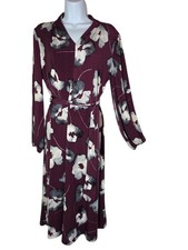 London Style Long Sleeve V-Neck Purple Floral Belted Midi Dress 8