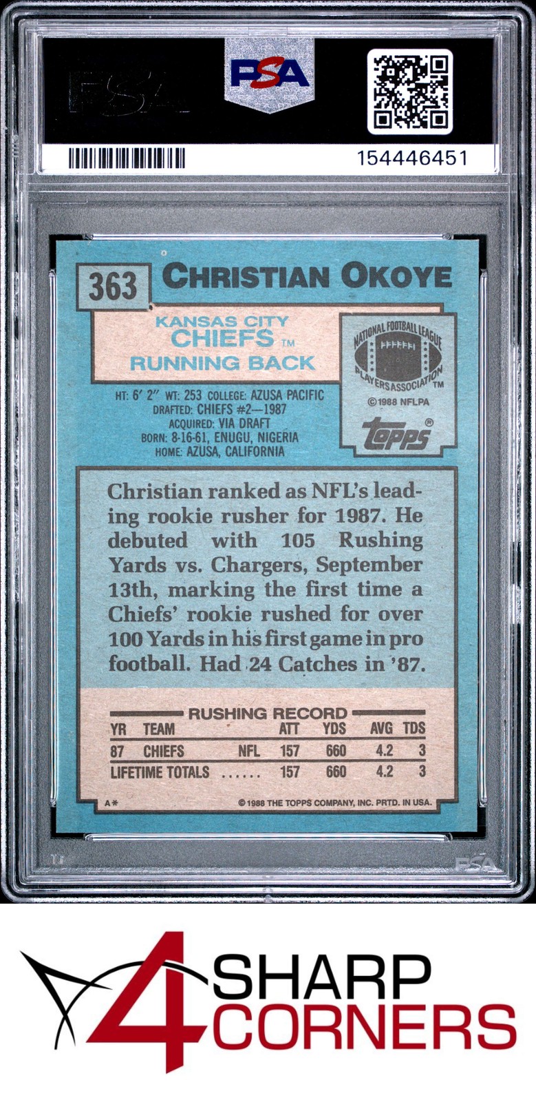 1988 TOPPS #363 CHRISTIAN OKOYE RC SUPER ROOKIE CHIEFS PSA 10 view 2