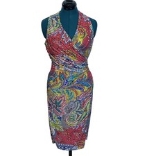 Lauren Ralph Lauren Dress Womens 4 Multicolor Paisley Sleeveless Wrap Sheath