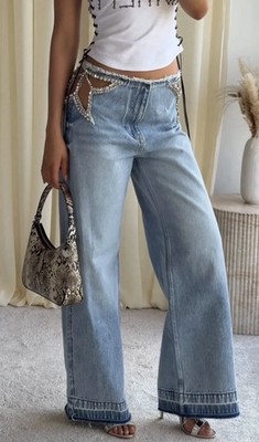 Stella Mccartney X H&M Saum Crystal Star Straight Leg Jeans - Gr. 40 EU  