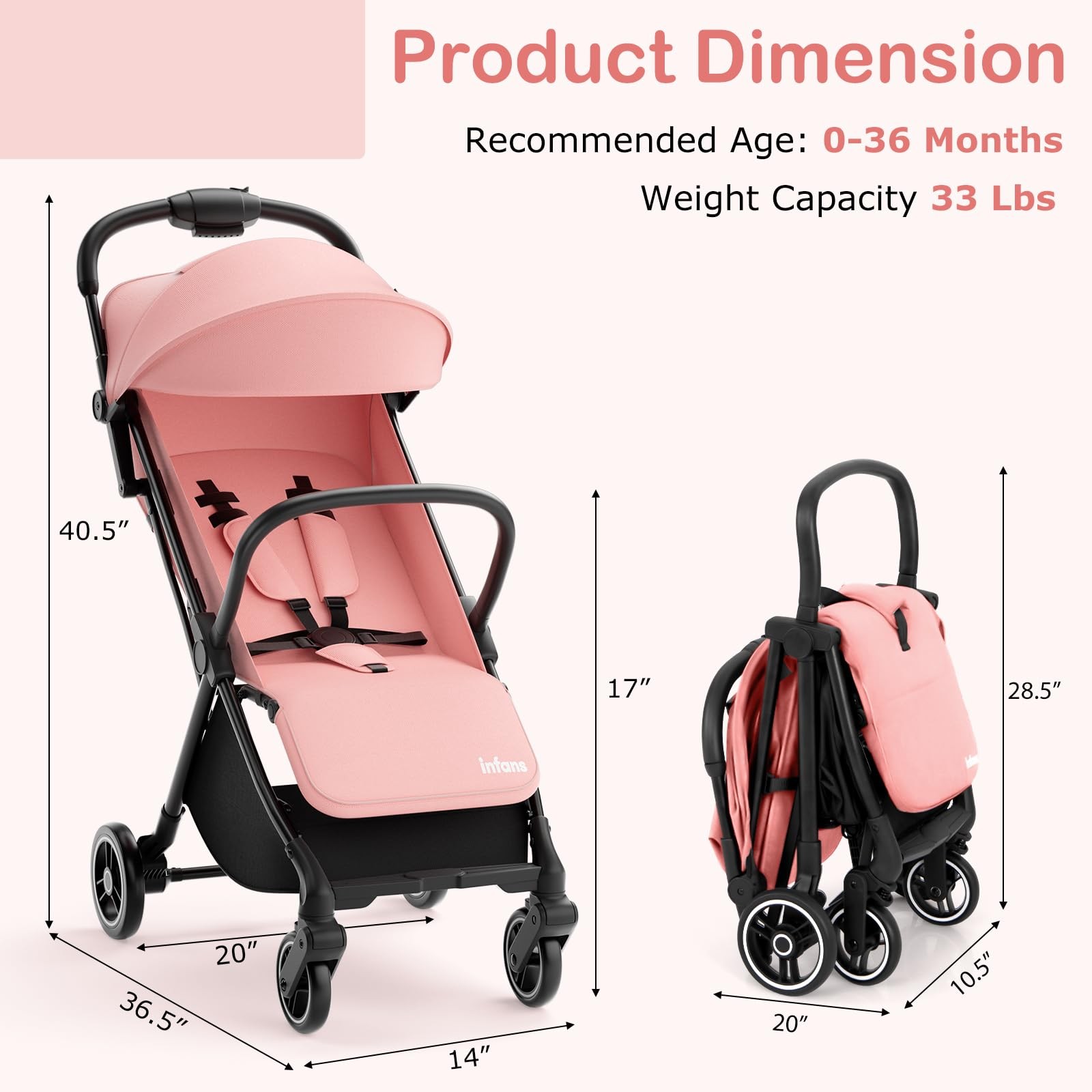 INFANS Lightweight Baby Stroller, Ultra-Compact Fold, Airplane Ready, Reclining