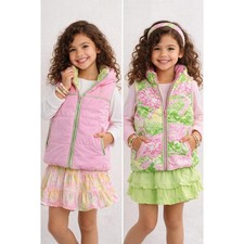 Lilly Pulitzer Girls Reversible Puffer Vest Lion Print Corduroy Pink Green Sz 4