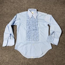 Vintage After Six Tuxedo Shirt Mens 15 33 Blue Ruffle Front French Cuff 70s