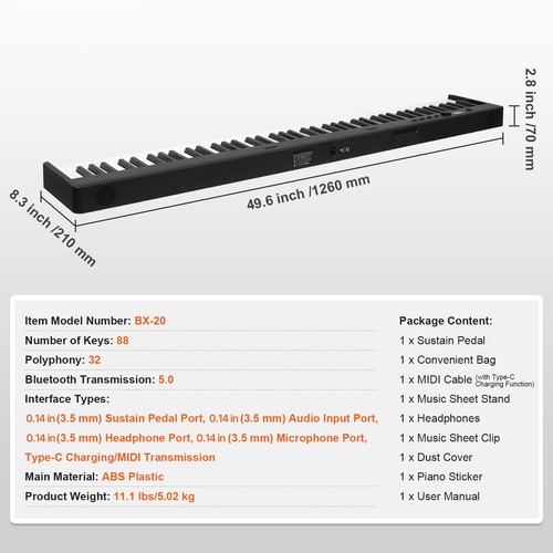 88 Teclas Piano Digital Piano Eléctrico Piano Plegable Bluetooth MIDI Negro - Imagen 7 de 12
