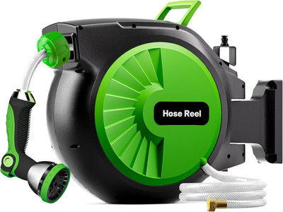 Retractable Garden Hose Reel 100FT X 5/8 In, Wall Mount Water Hose Reel for outs