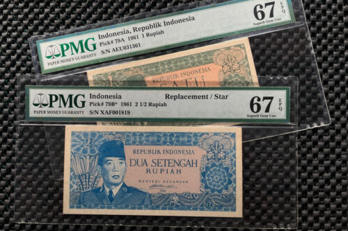 INDONESIA 1961 1 & 2 1/2 RUPIAH BORNEO P79a P79b PMG67 EPQ