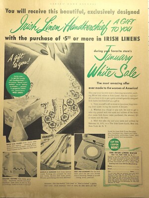 Irish Linen Guild January Whites Sale Handkerchief Gift Vintage Print Ad 1952