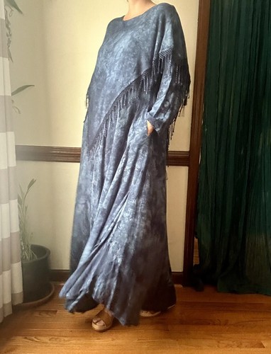 Vintage 90s Oversized Cotton Indigo Tie Dyed Caftan Crochet Shawl Maxi Dress M L - Picture 8 of 10