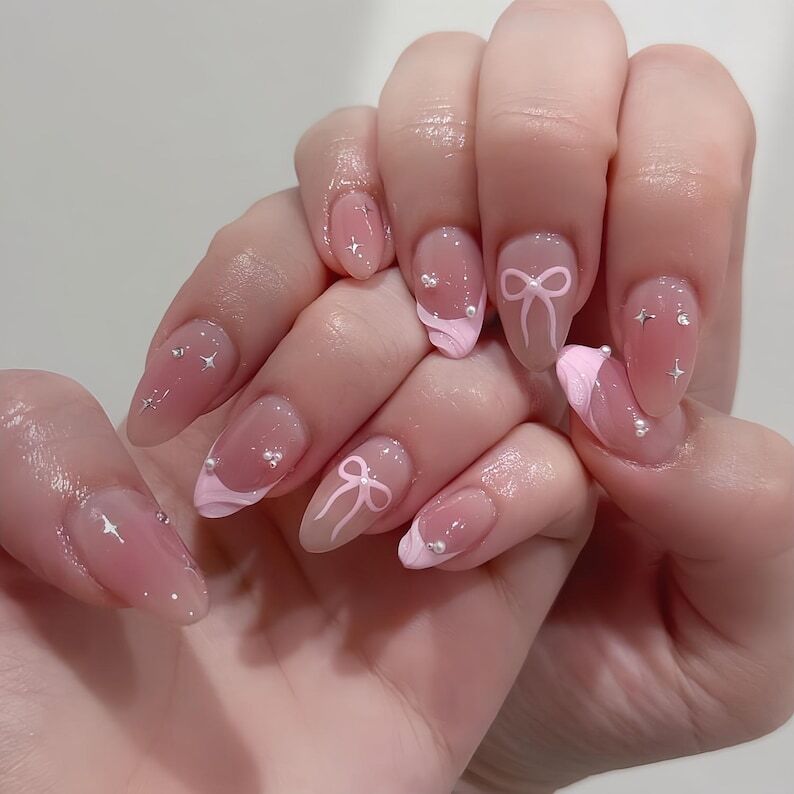 Bridal Bow Bloom 3D French Press-On Nails, Custom Hand-Paint