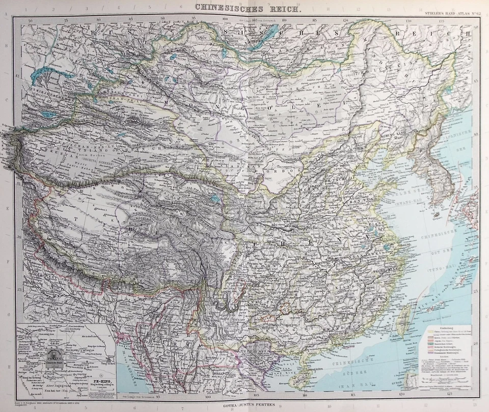 Mapa antiguo original IMPERIO CHINO, CHINA, MONGOLIA, TIBET, COREA, Stieler 1891 Foto 2 de 4