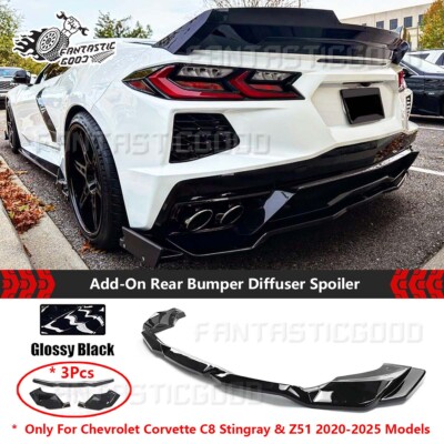 For Corvette C8 Stingray Z51 20-25 V2 Add-On Black Rear Bumper Diffuser Spoiler