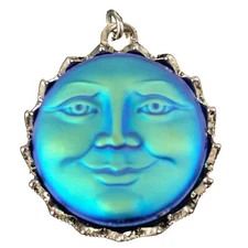 Glass Moon Face Pendant Blue Teal Purple Satin Silver Tone
