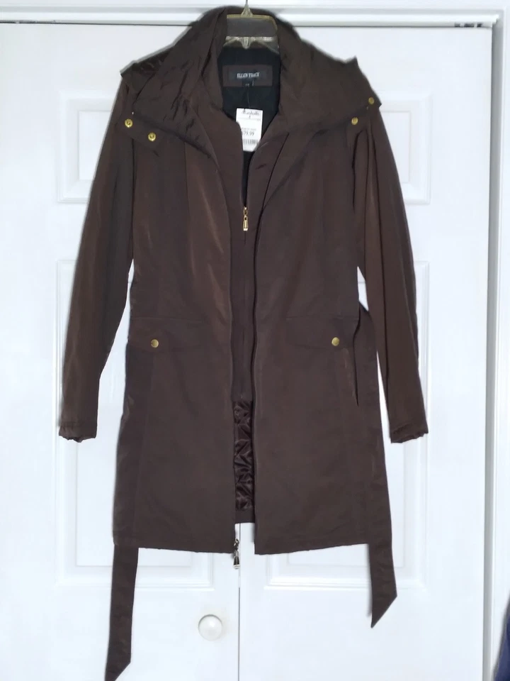 NEW ELLEN TRACY BROWN HOODED BELTED DOUBLE ZIP VESTED ANORAK COAT JACKET SIZE L - Image 2 of 4