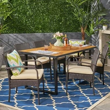 Rudolph Outdoor Acacia Wood and Wicker 7 Piece Dining Set with Cushion
