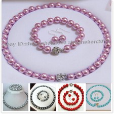8/10/12mm South Sea Shell Pearl Round Beads Necklace 18" Bracelet Earrings Set