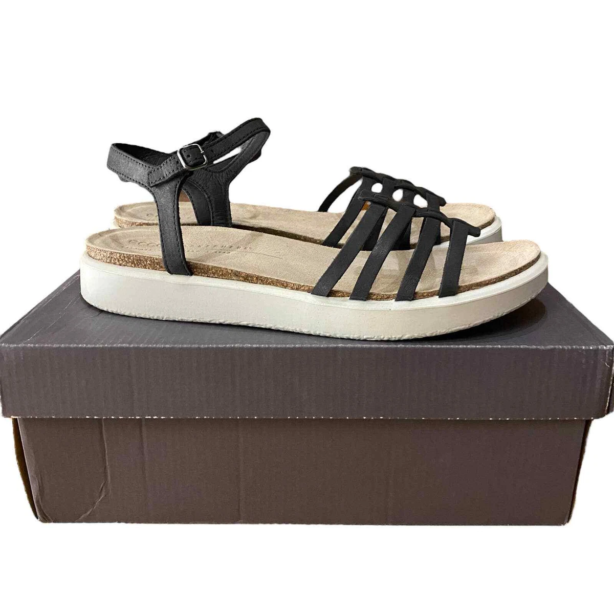 Ecco Corksphere Sandal Faux Leather Ankle Strap Black Noir US 10 eu 41