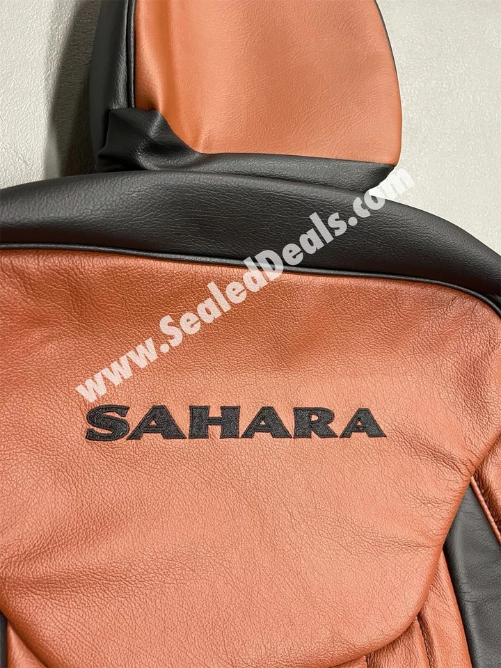 Fundas de asiento de cuero personalizadas negras y coñac para Jeep Wrangler Sahara 2013-18 logotipo Foto 3 de 4