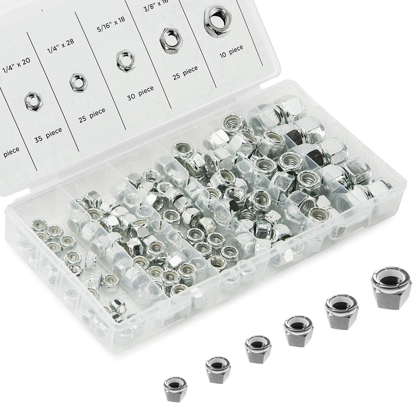 Neiko 50432A Nylon Lock Hex Nut Assortment Kit, 150 Pieces | SAE Sizes