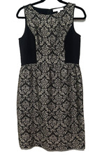 Ann Taylor Loft Black Gold Damask Jacquard Flared Sheath Dress Size 4 Cocktail