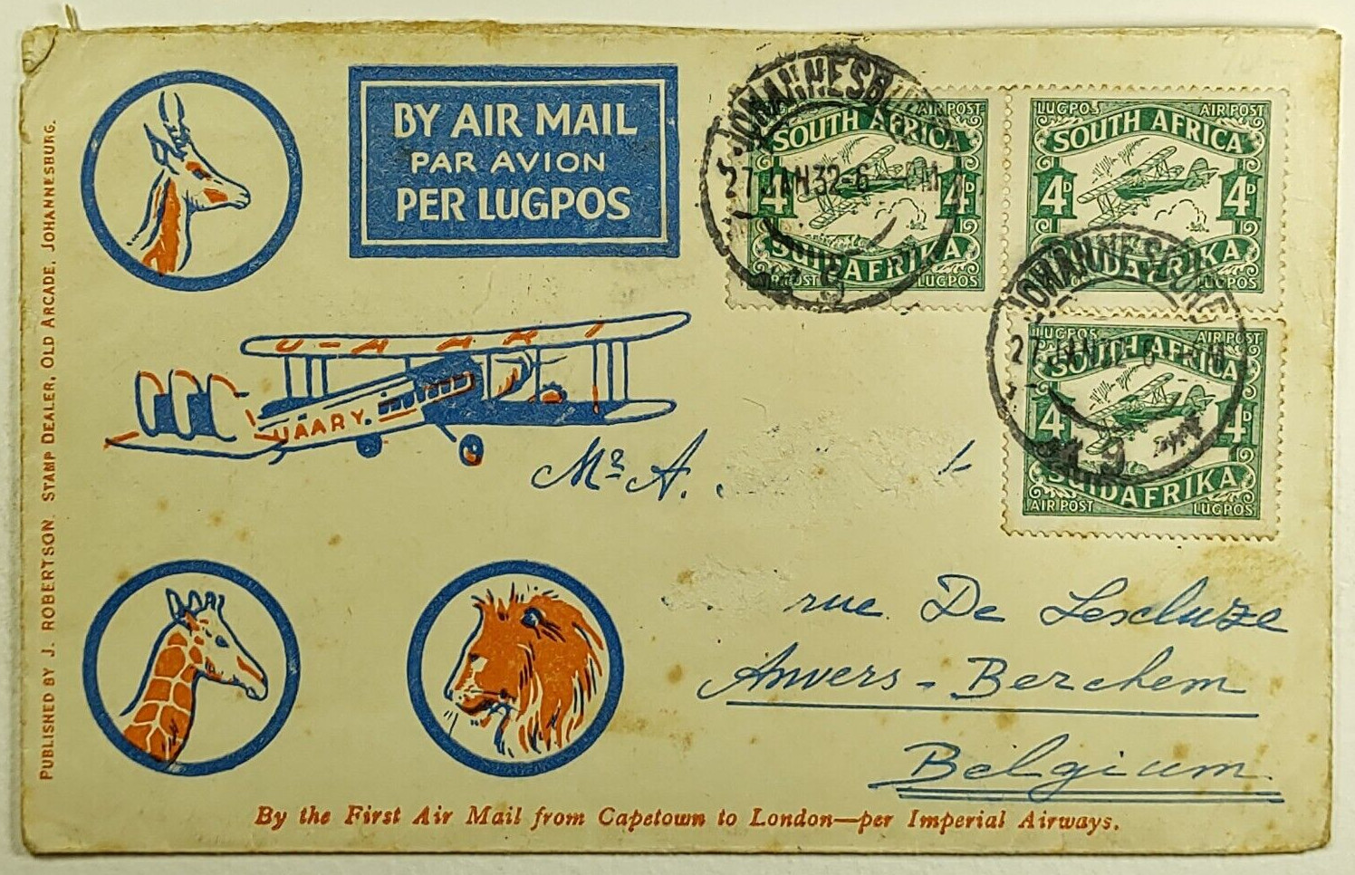1932 South Africa First Flight Airmail Cover Johannesburg SA to Anvers Belgium