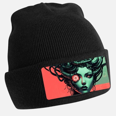 Black Beanie Hat with Cool Medusa Motif - Unisex Cap, Cotton